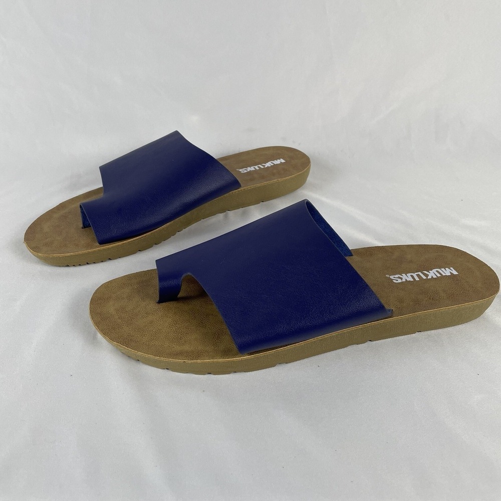 Muk Luks Womens About Face Slide Sandals Toe Loop Faux Leather Navy Size 10 NEW